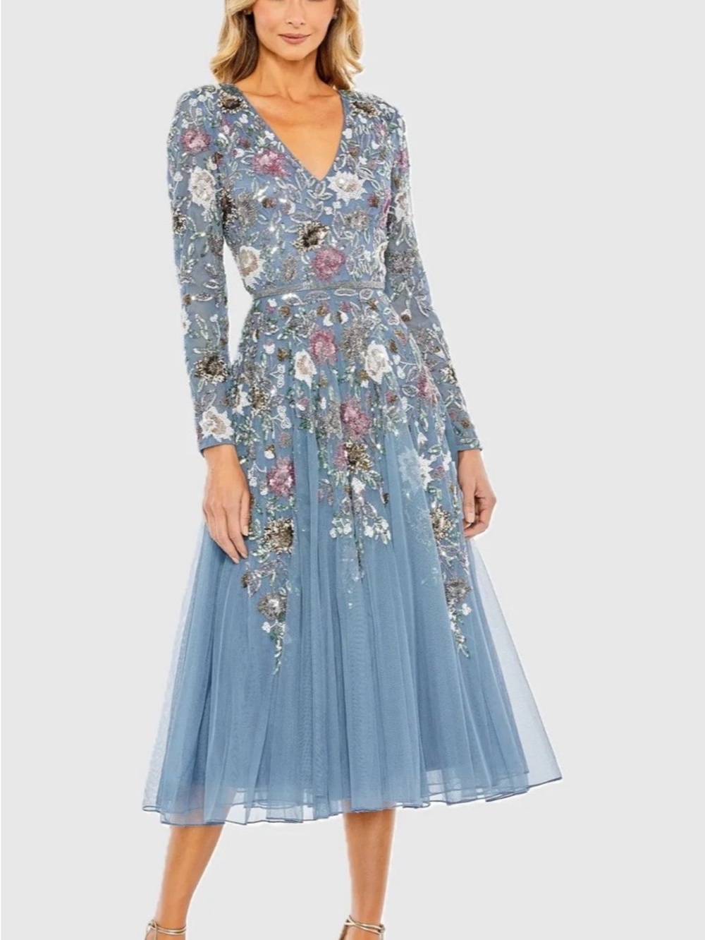 Mac Duggal - Blue Hand Embellished Floral V-Neck Long Sleeve Dress